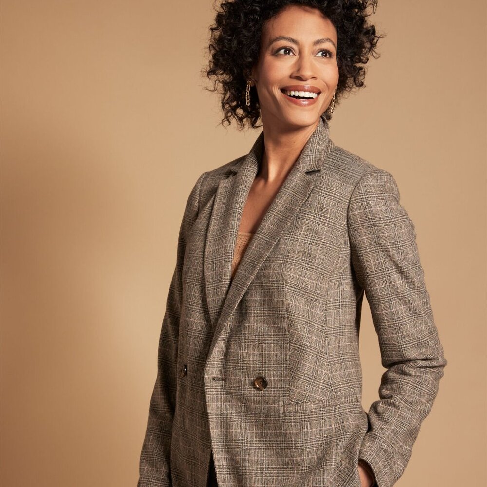 Talbots Blazer Women's 10p Brown Glen Plaid Luxe Italian Wool Double Breasted